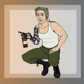 An older woman with short hair and a robotic arm holding an open beer bottle.