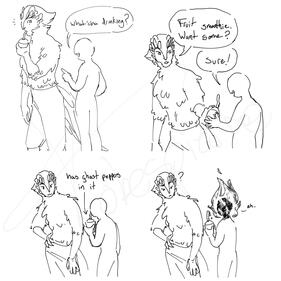 A bird person enjoying a fruit smoothie, which is revealed to have ghost peppers when they hand it off to someone.