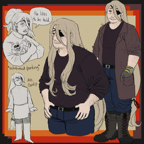 A person with long blonde hair, a prominent nose, and an eyepatch in various outfits and lengths of body.