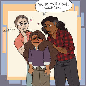 A picture of a young person being fussed over by their fathers, looking very annoyed as one of them fixes their hair.