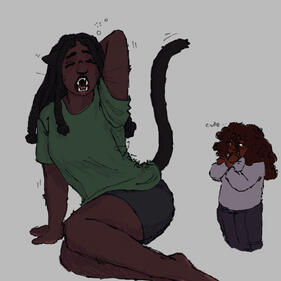 A person in a green t-shirt with long box braids yawns and stretches. They have cat ears and a tail that twitch cutely.