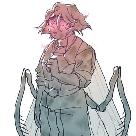 A picture of a person in a superhero outfit with wasp wings and extra bug-like limbs. Done in a limited color palette.