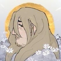 An image of an individual with long blonde hair and a prominent nose. They are smiling and surrounded by light blue flowers.