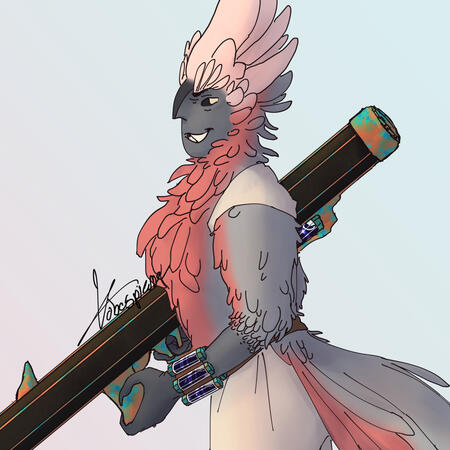A shaded drawing of a bird-like individual holding a large weapon resembling an especially slender laser bazooka.