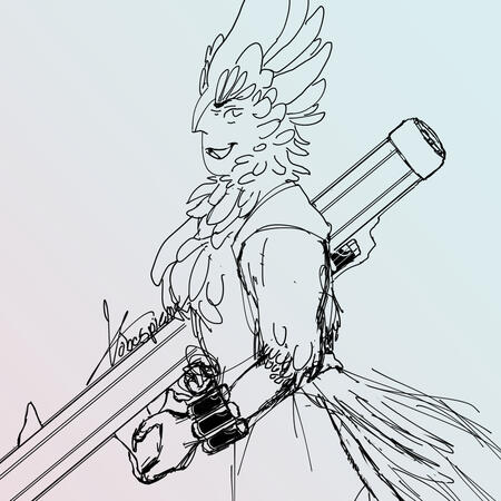 A sketch of a bird-like individual holding a large weapon resembling an especially slender laser bazooka.