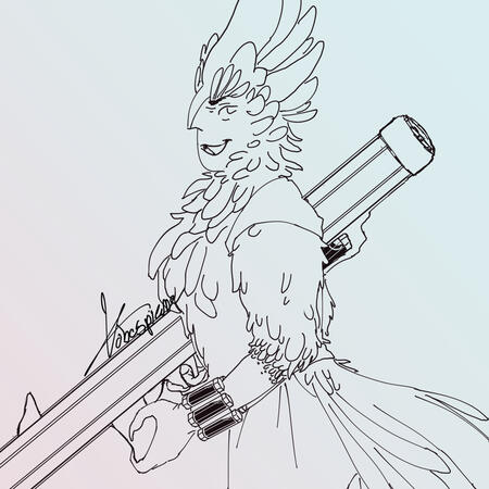 Lineart of a bird-like individual holding a large weapon resembling an especially slender laser bazooka.