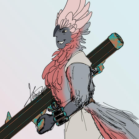 A colored sketch of a bird-like individual holding a large weapon resembling an especially slender laser bazooka.