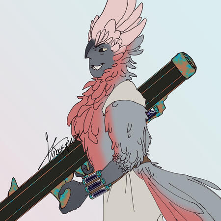 A flat colored drawing of a bird-like individual holding a large weapon resembling an especially slender laser bazooka.